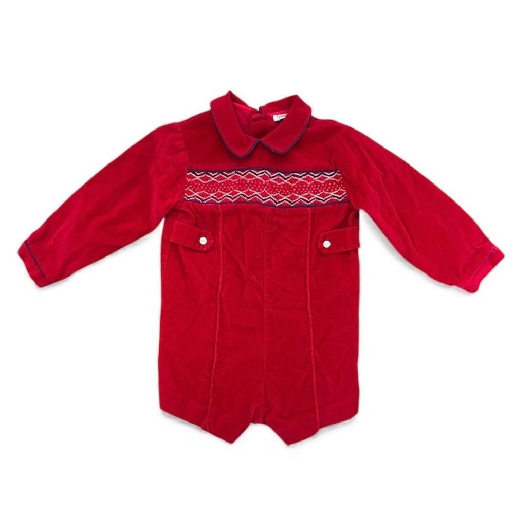 VTG Carriage Boutiques Romper Baby Red Smocked Velour Long Sleeve Holiday Outfit